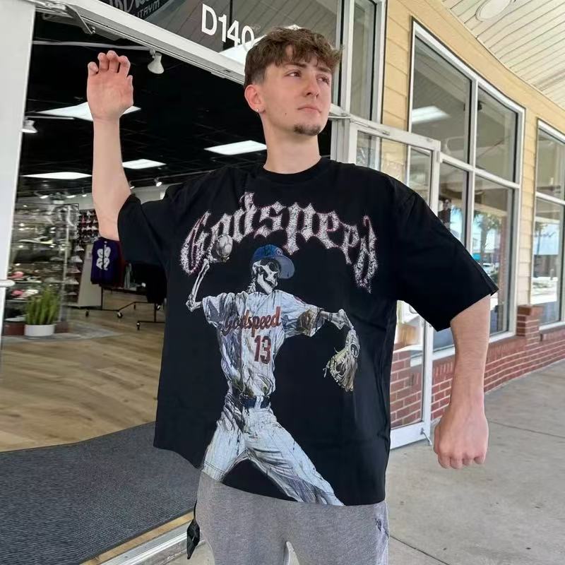 VTGM03！Godspeed骷髅棒球运动员印花水洗做旧短袖男女同款