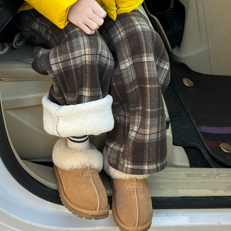 女童加绒裤子儿童冬款格子裤加厚冬装一条过冬直筒裤宽松运动