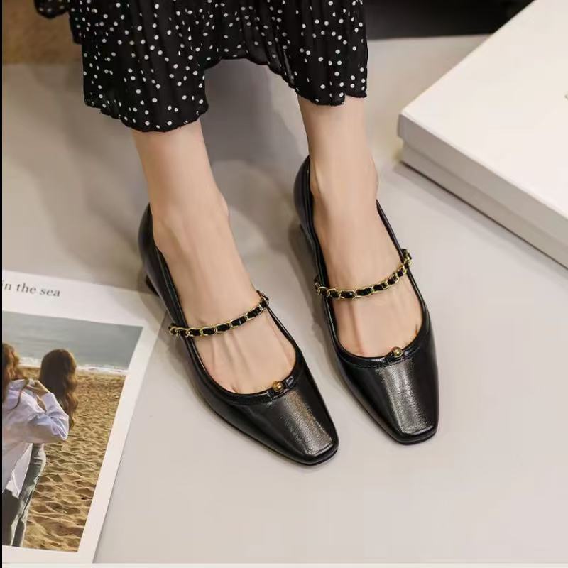 C5979 黑色 时尚方头舒适粗跟玛丽珍浅口女单鞋