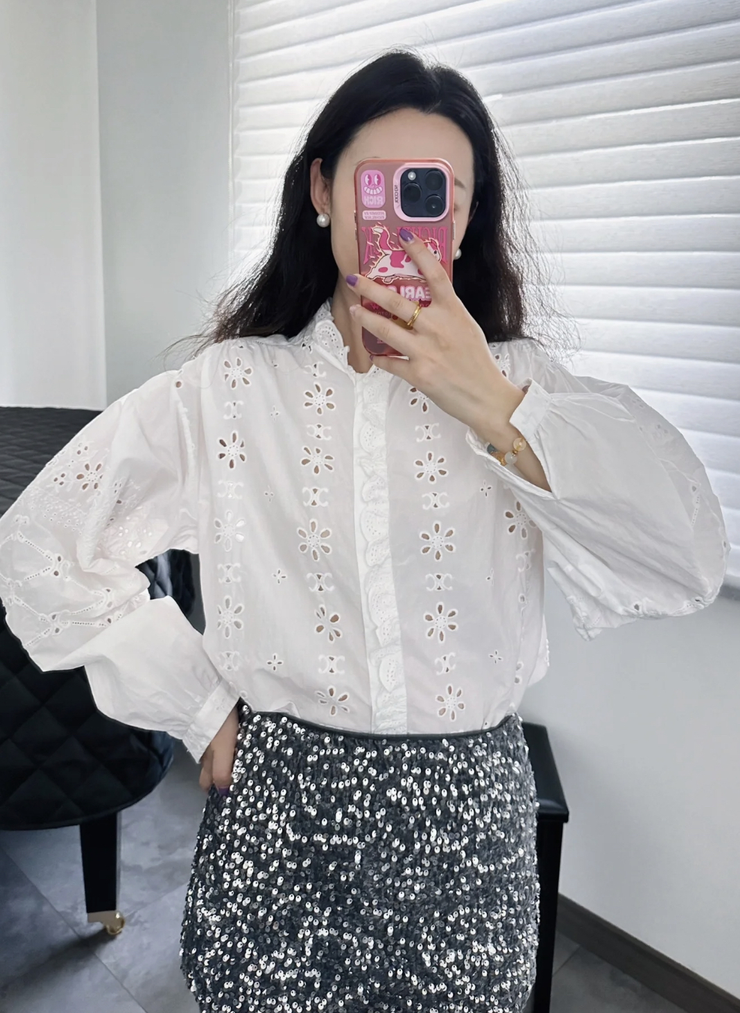 99新 Celine/思琳  cc348 棉 白色凯旋门logo镂空衬衫 34码 