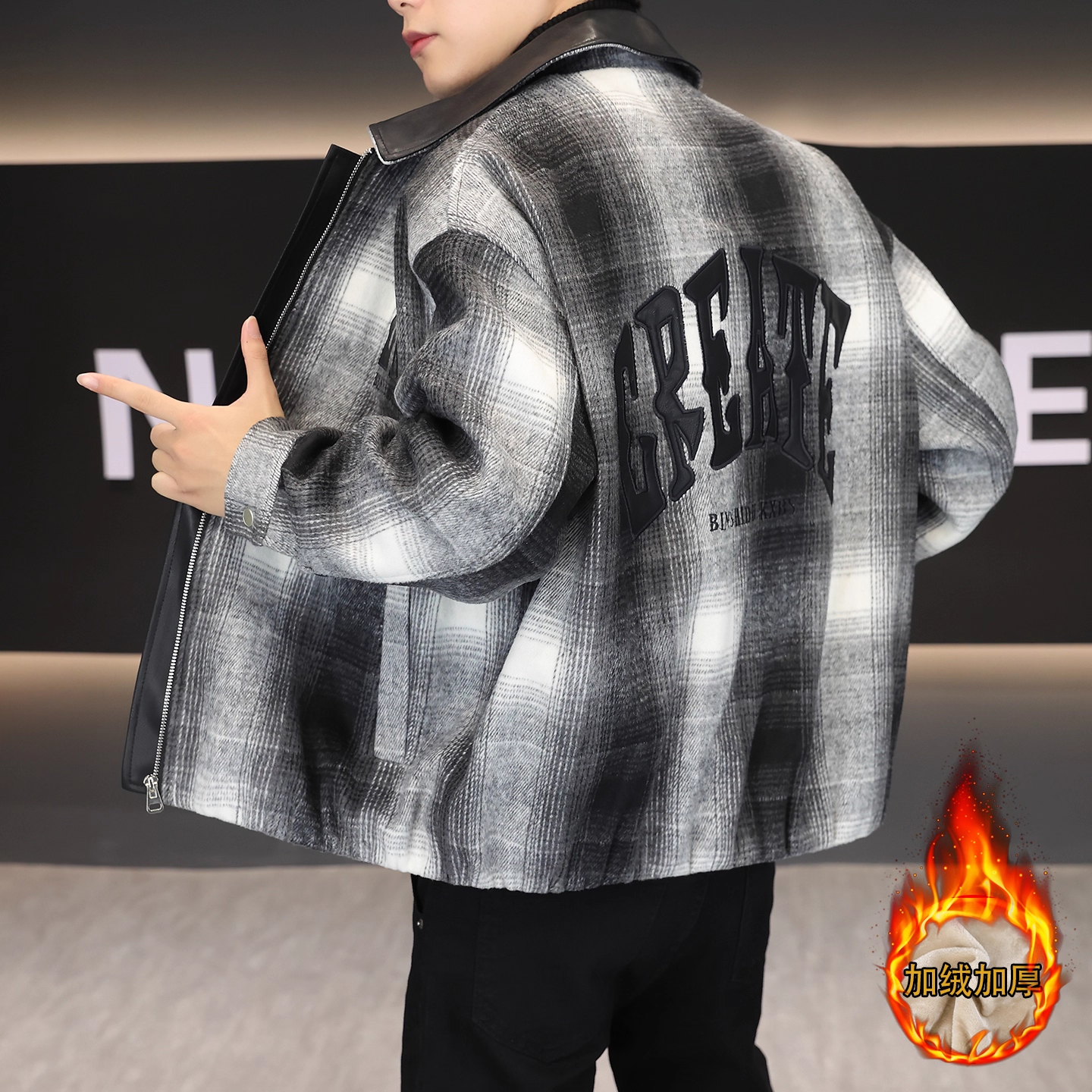 潮流格子男士夹克外套男款秋冬季2025新款帅气翻领加绒加厚上衣服