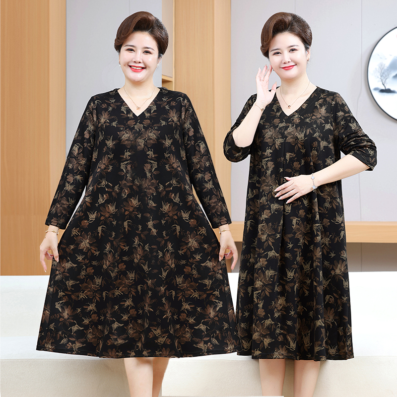 大码妈妈装秋冬长袖过膝大摆裙中长裙外套印花薄款V领气质连衣裙