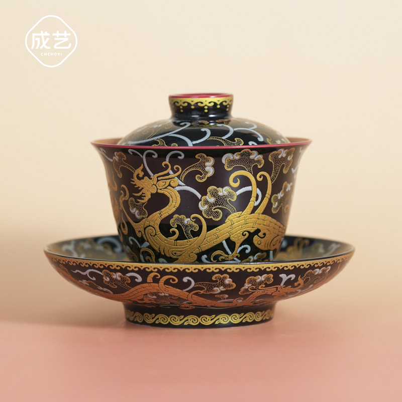 金银龙三才盖碗高端功夫茶具陶瓷泡茶器具防烫茶具碗茶盖碗女士