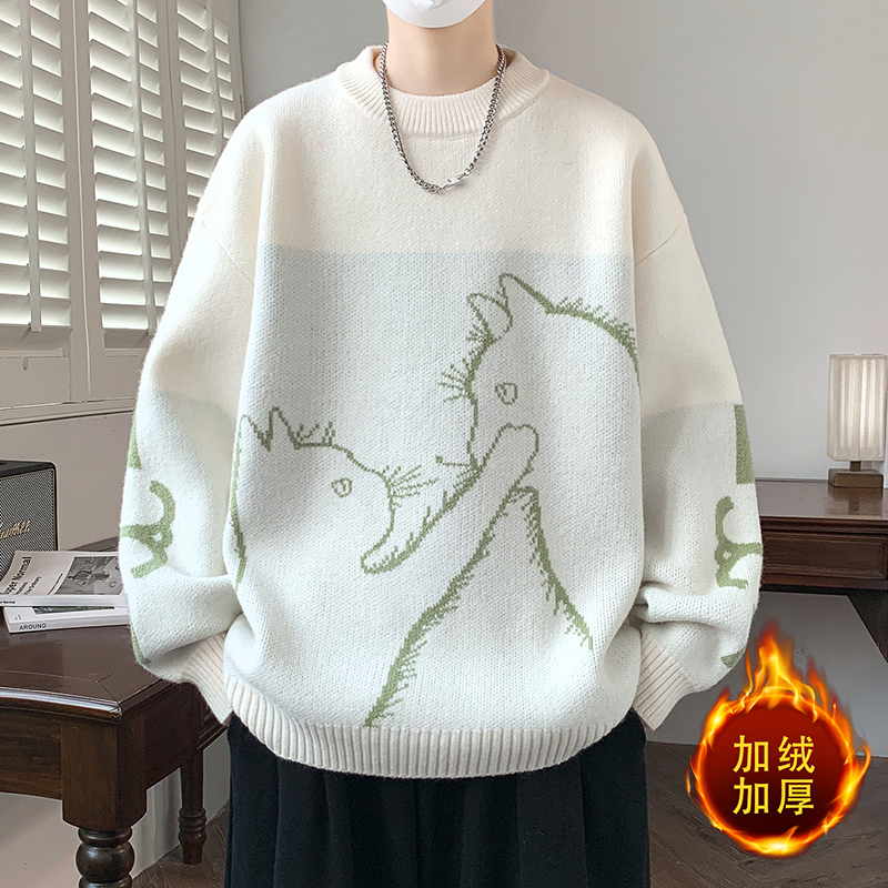 加绒毛衣男秋冬新款休闲慵懒风卡通印花毛线衣服男加厚宽松针织衫
