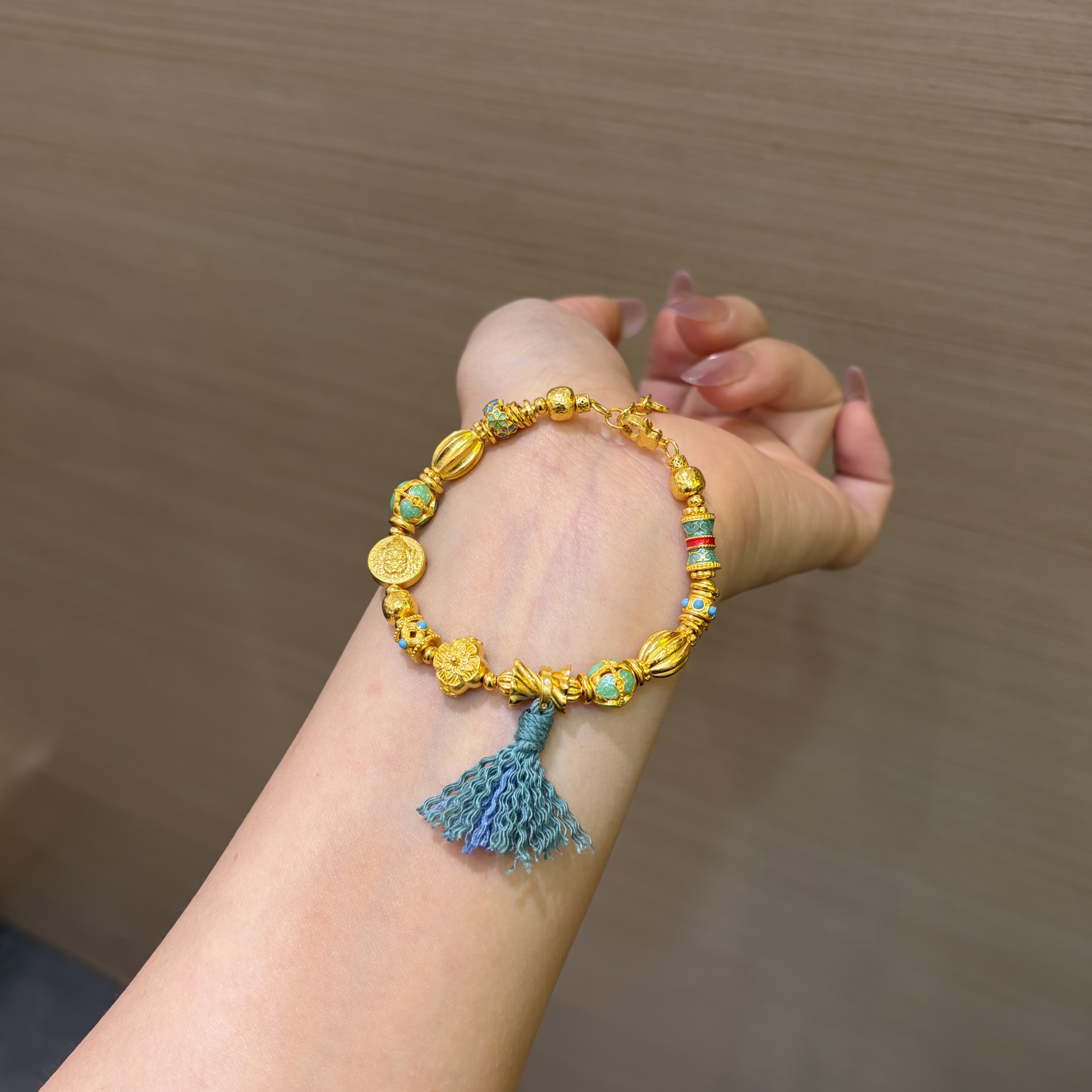 8【菠萝珠宝】足金999 时尚文玩手工金串珠流苏手链  金重：30.98克