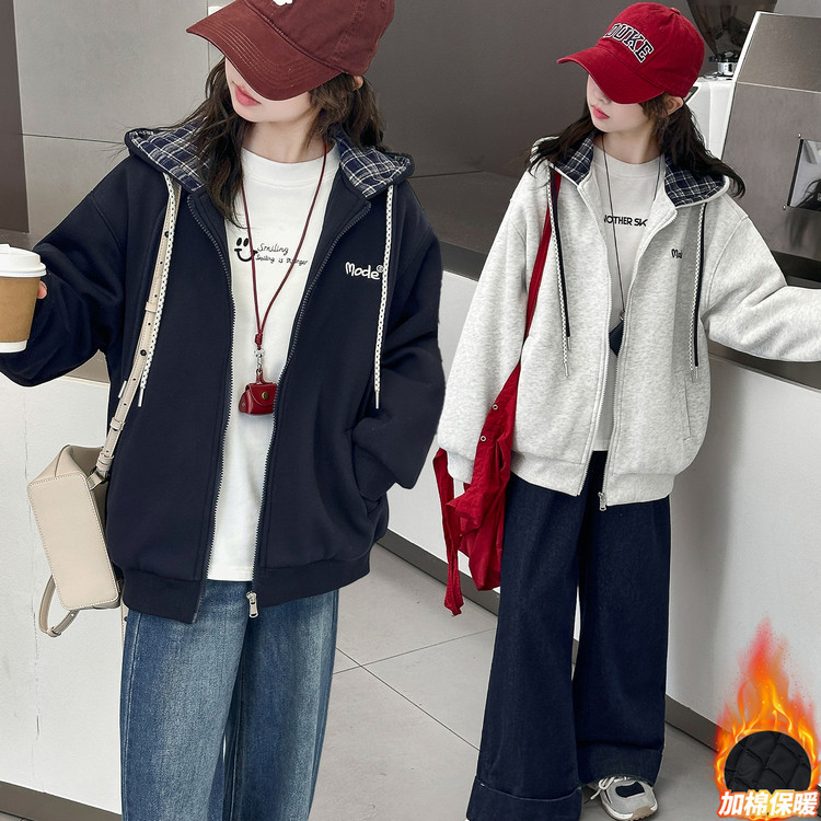 女童外套秋冬款2025新款洋气女孩儿童加厚卫衣冬季大童夹棉棒球服