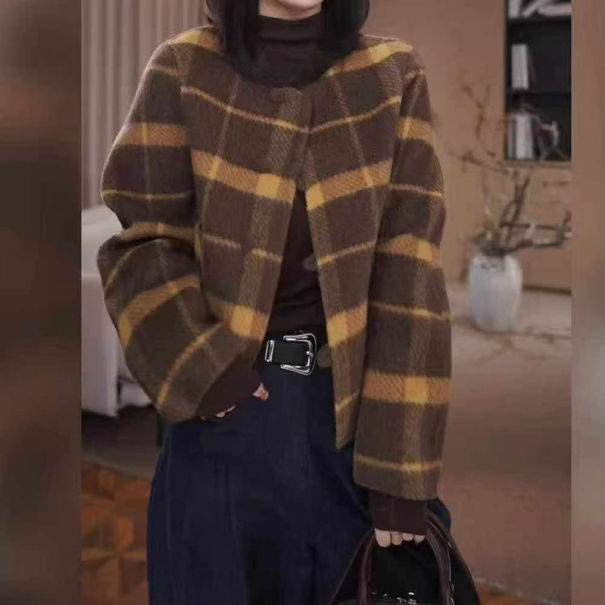 秋冬女士短款羊驼圆领复古时尚极简风短外套