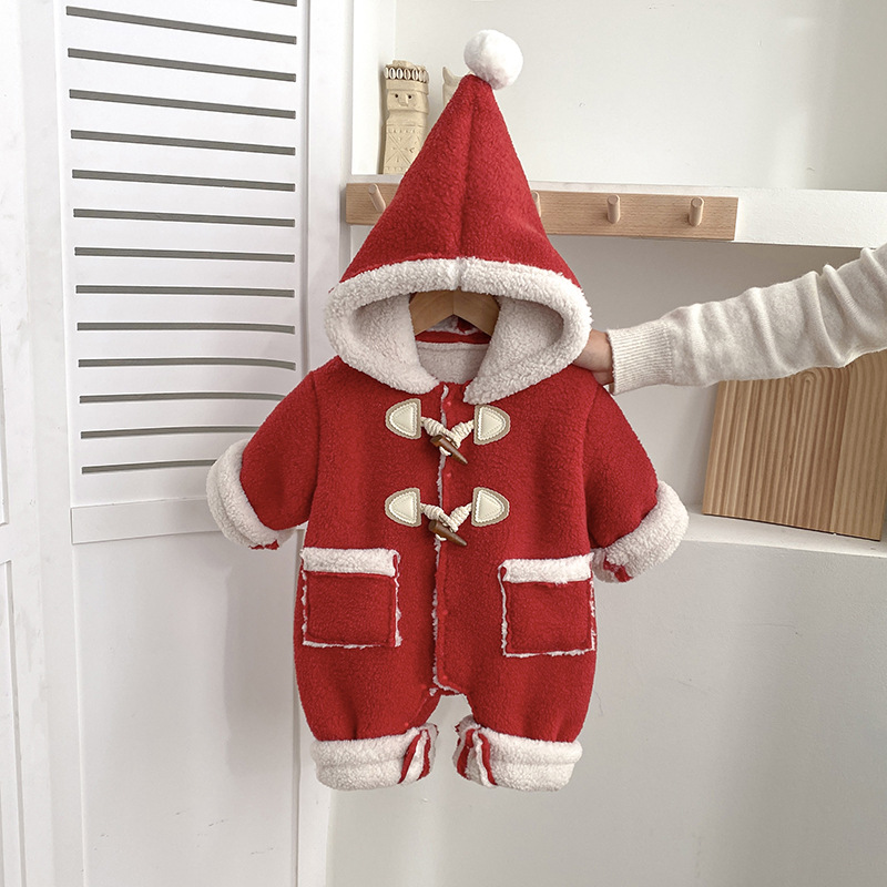 婴儿棉服冬季男女宝宝拜年服连体衣周岁冬哈衣夹棉新年爬服连帽服
