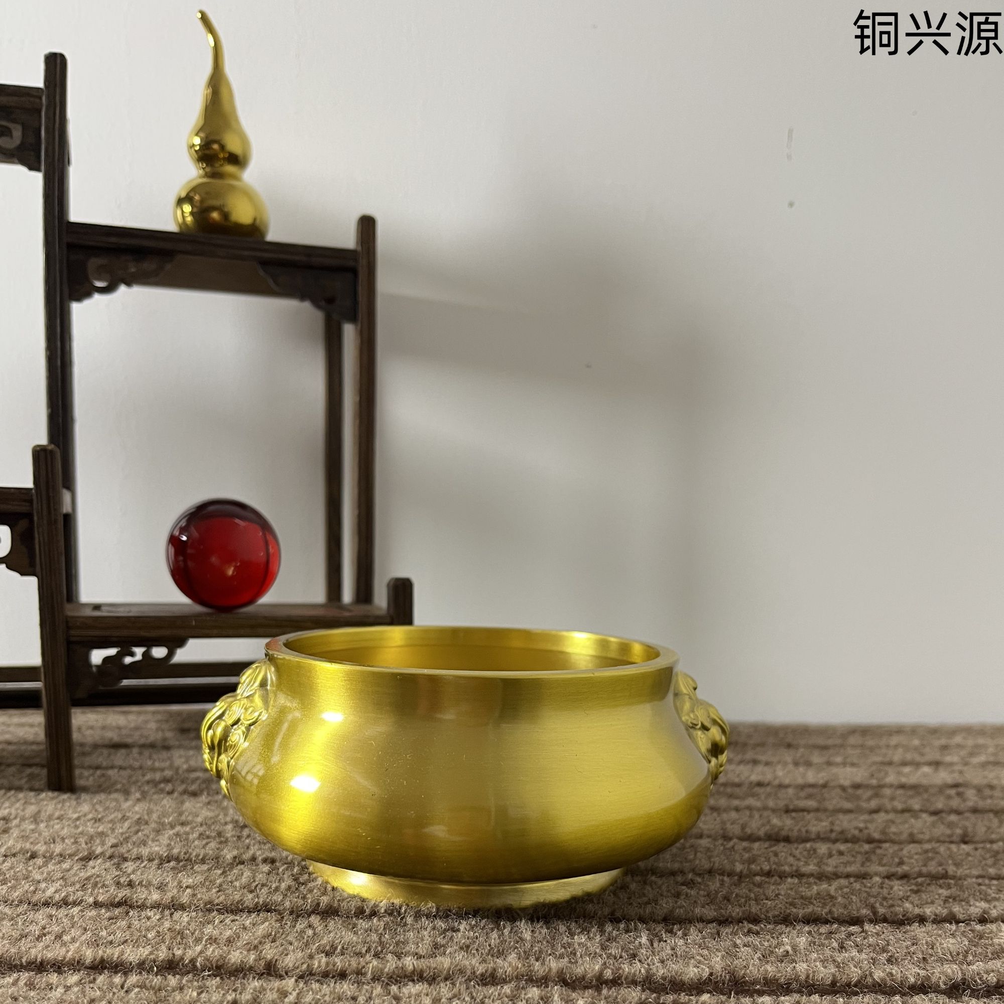 黄铜光面双耳狮头炉盘香线香香盘摆件