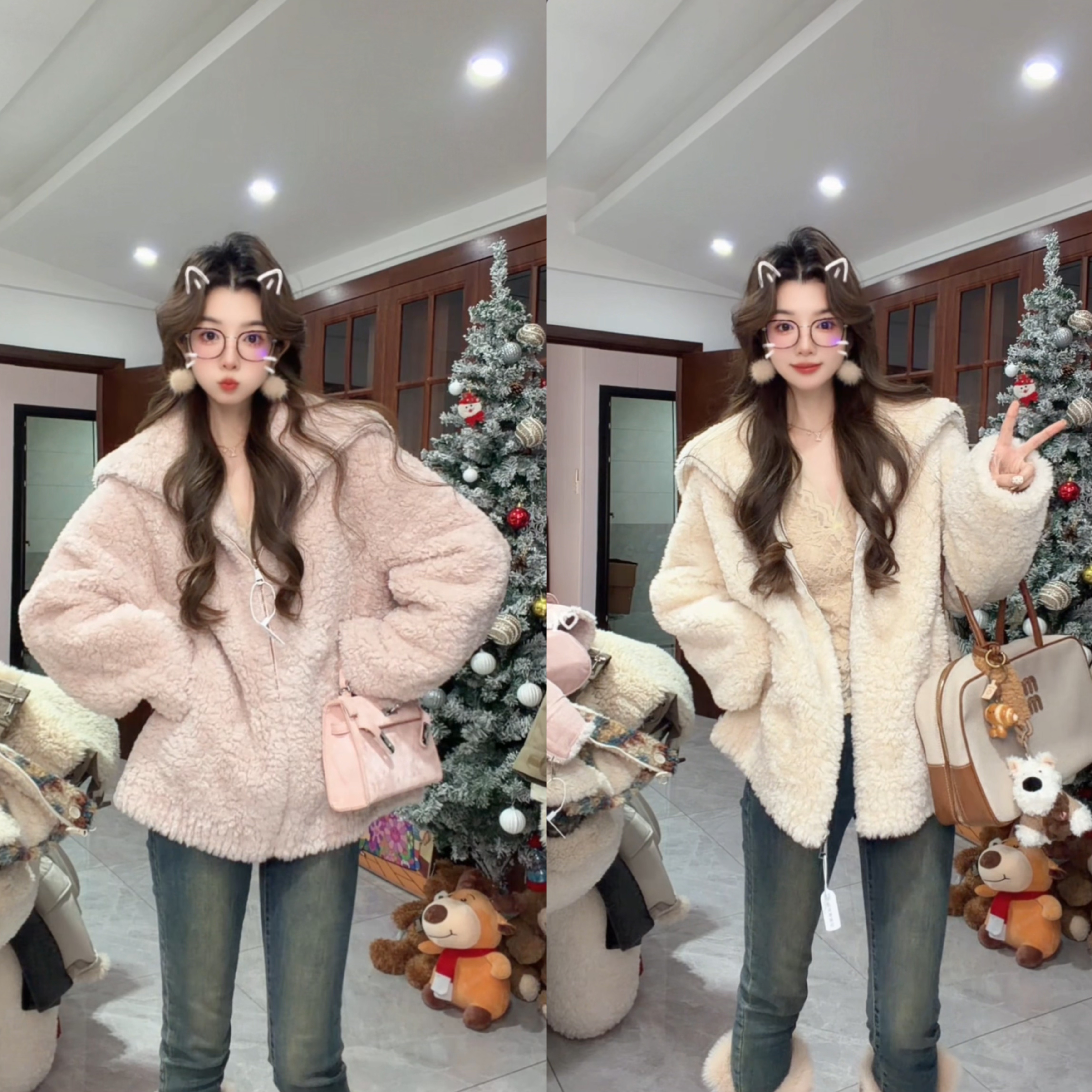 YBB【长短两款】冬季加厚翻领保暖短款拉链羊羔绒女