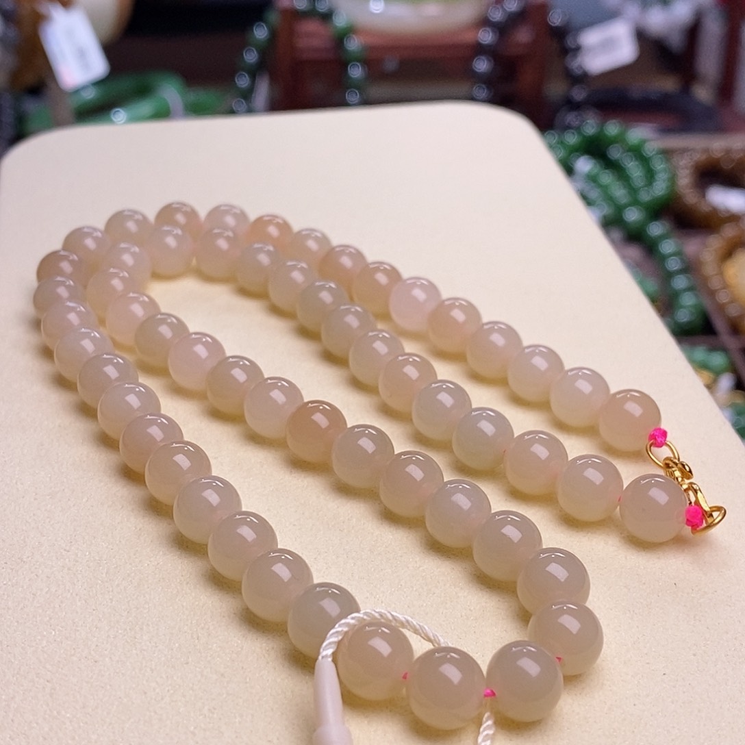 和田玉收藏级熟藕粉老矿料羊脂级红粉项链8m未镶嵌