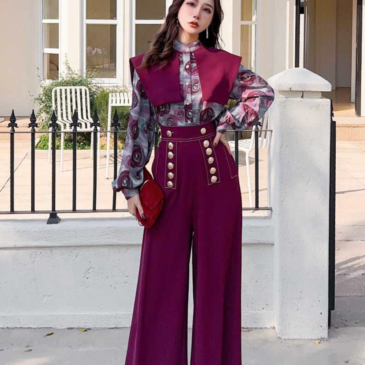 61721-G1-1-1时尚印花长袖假两件上衣搭配高腰阔腿裤春季新款套装