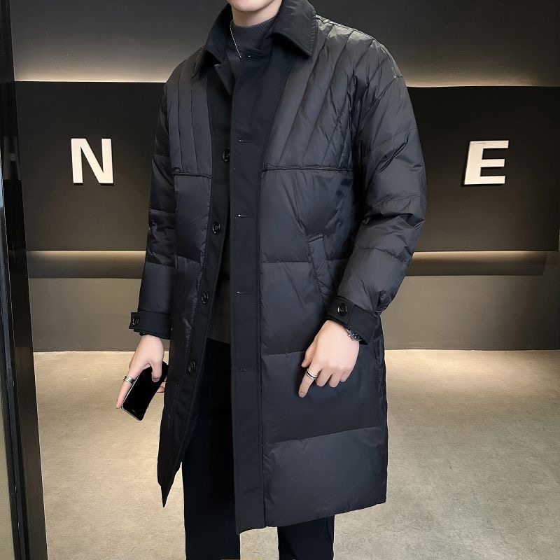 港风休闲翻领百搭轻薄秋冬中长款男士棉服高级黑色轻奢棉服