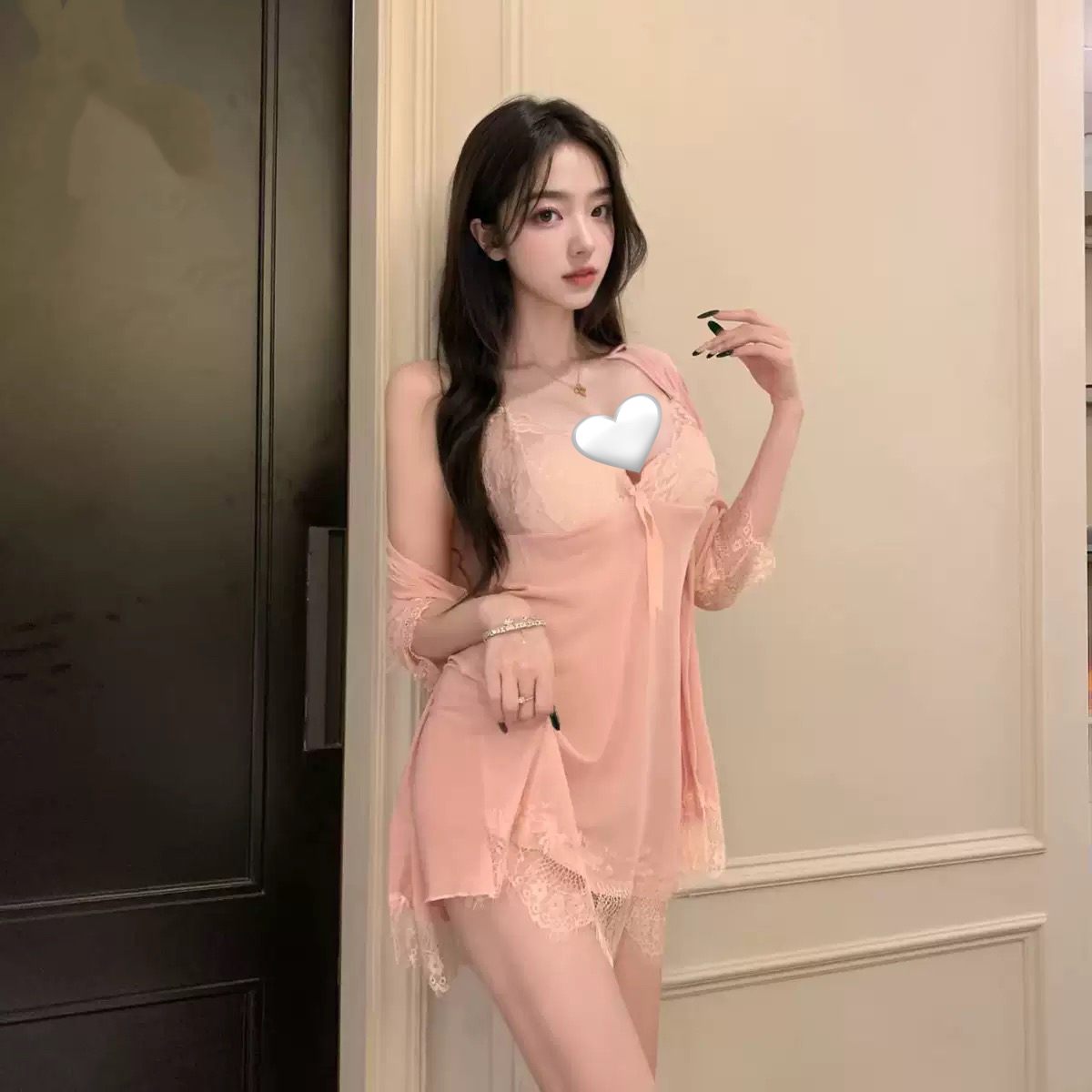 【小野奈子】（外袍+睡裙+内裤三件套）蕾丝薄纱吊带睡裙性感睡衣睡裙