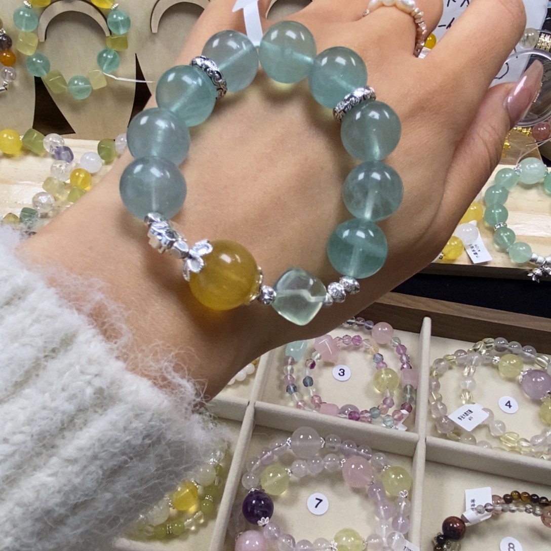 银S925镀金镶嵌手串水晶糖果萤石