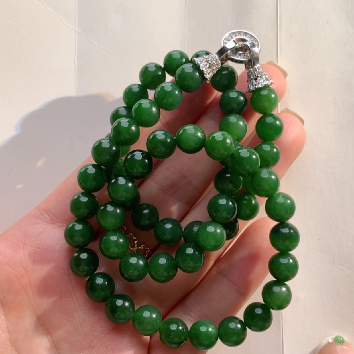 【闪购商品】和田玉（碧玉）手串银S925镶嵌碧玉多圈手串