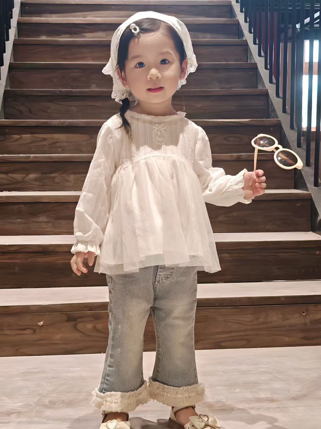 女宝蕾丝薄纱全棉裙摆上衣女童上衣裙森系长袖小天鹅上衣裙女宝