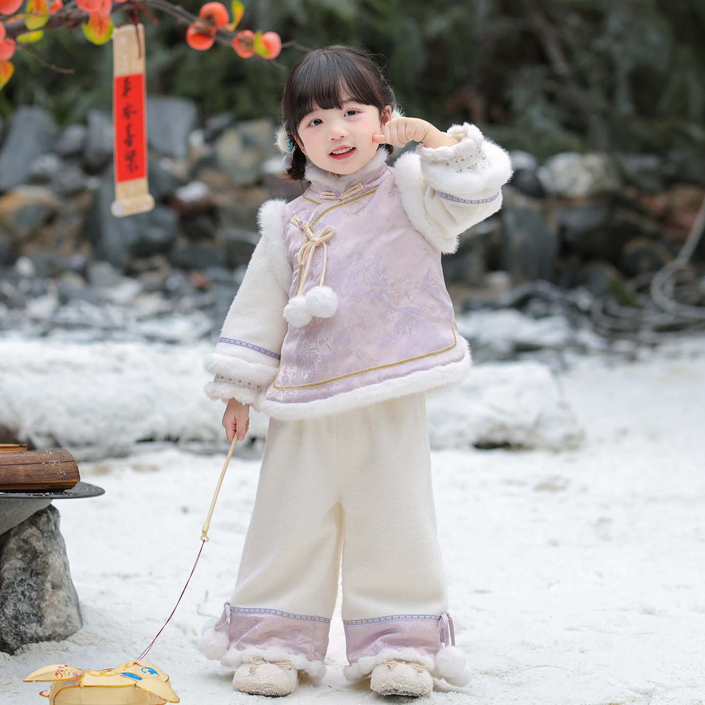 【星辰泡芙】汉服女童冬装25年新中式紫色裤子套装女孩唐装拜年服