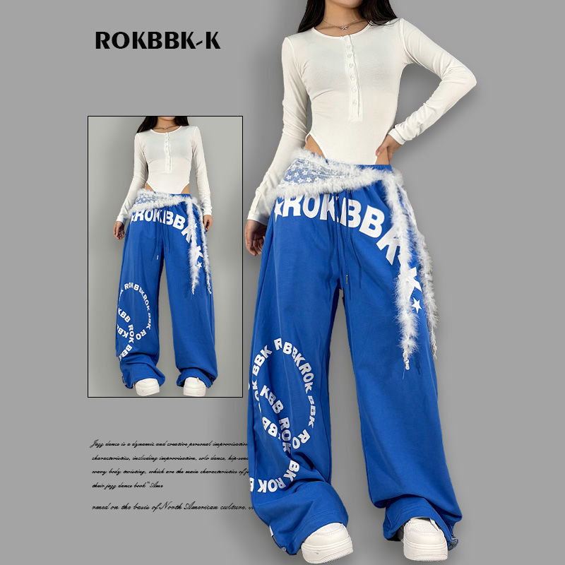 ROKBBK－K/布韩美式字母印花阔腿裤女蓝色抽绳宽松休闲长裤街头风