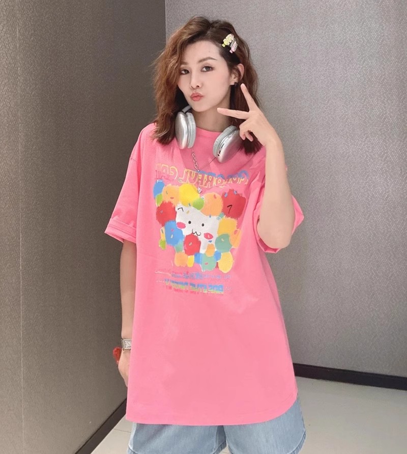 【商场同款】卡通圆领宽松大码印花女夏季T恤设计感时尚韩版130065