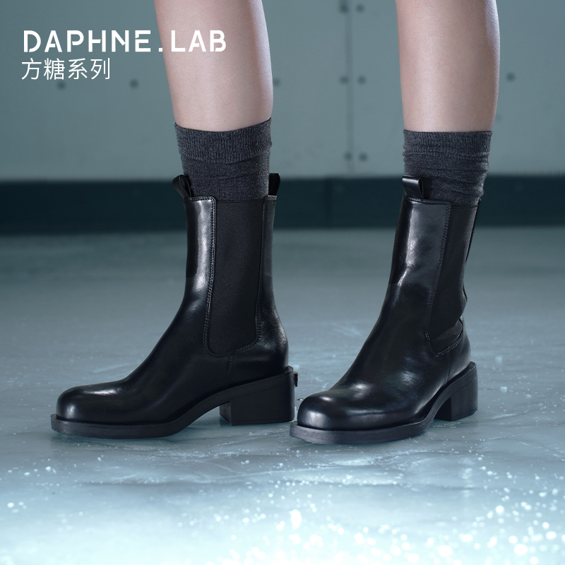 DAPHNE LAB达芙妮方糖切尔西短靴2024冬经典百搭通勤黑色时髦靴子