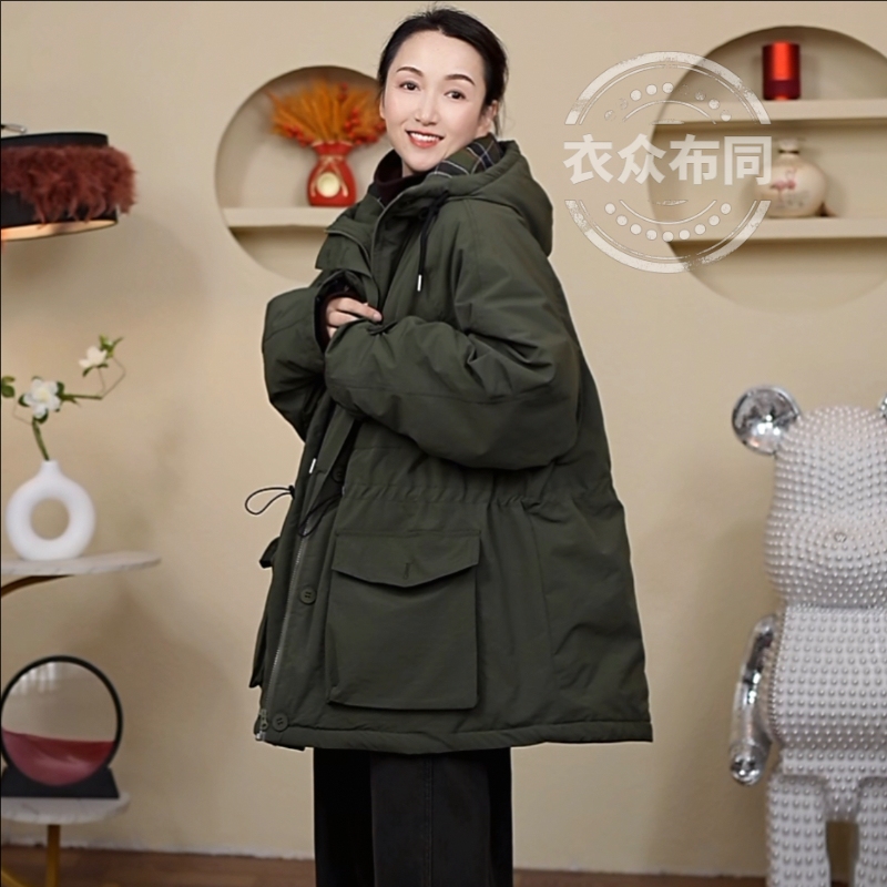 冬季新款宽松休闲百搭韩版加厚抽绳显瘦中长款连帽派克棉服外套女