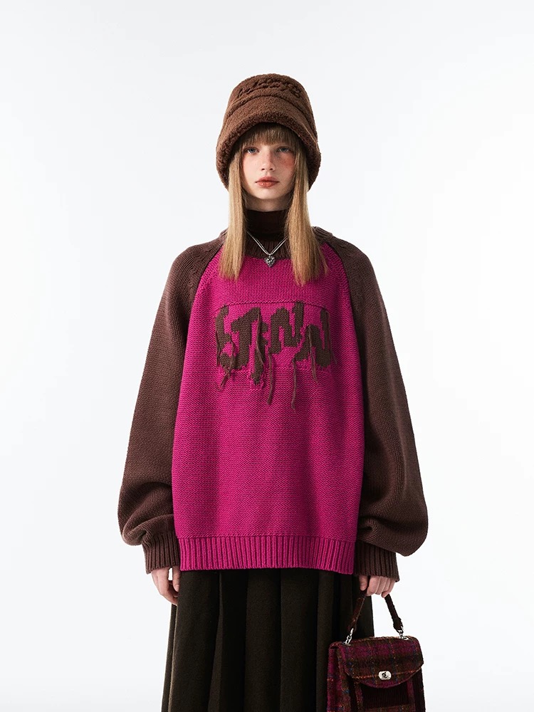 1JINN STUDIO 会呼吸的慵懒感 粗织撞色插肩袖宽松休闲套头毛衣