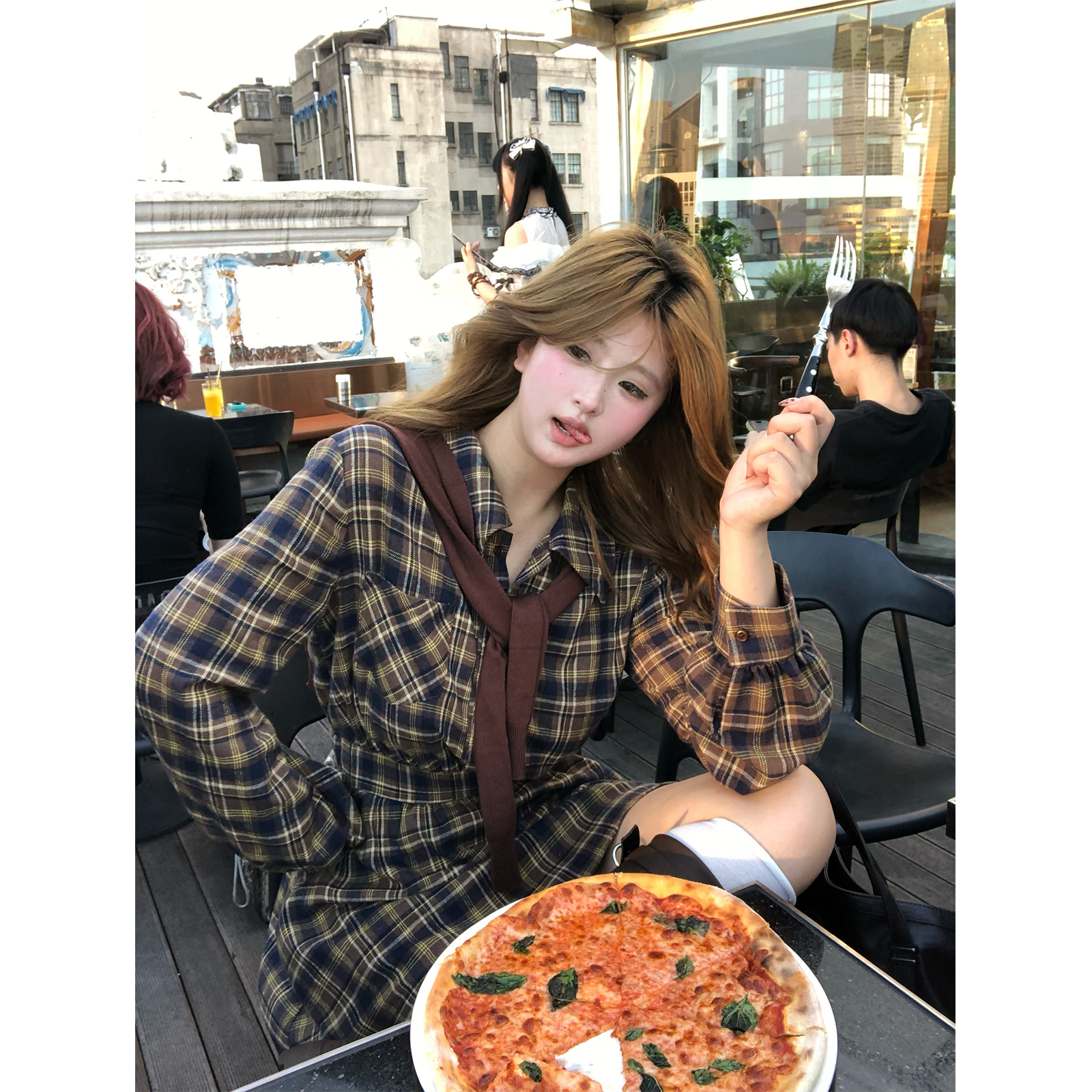 你的鱼 清仓 YU253Z0005 YU253Q0051 微胖mm收腰格纹披肩衬衫裙