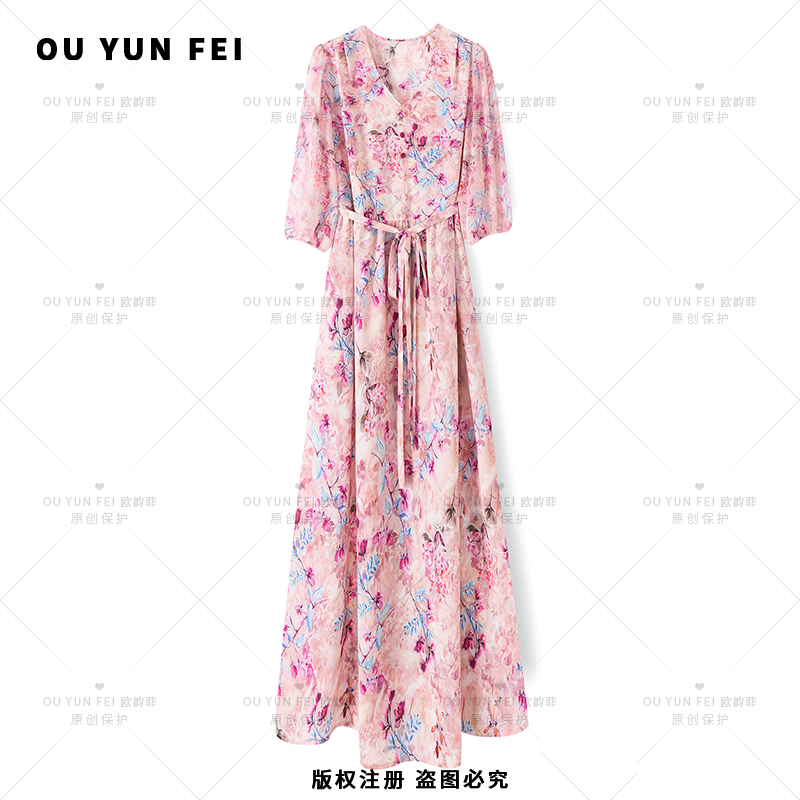女装连衣裙碎花气质轻奢时尚春夏保护印花设计师长裙X9261