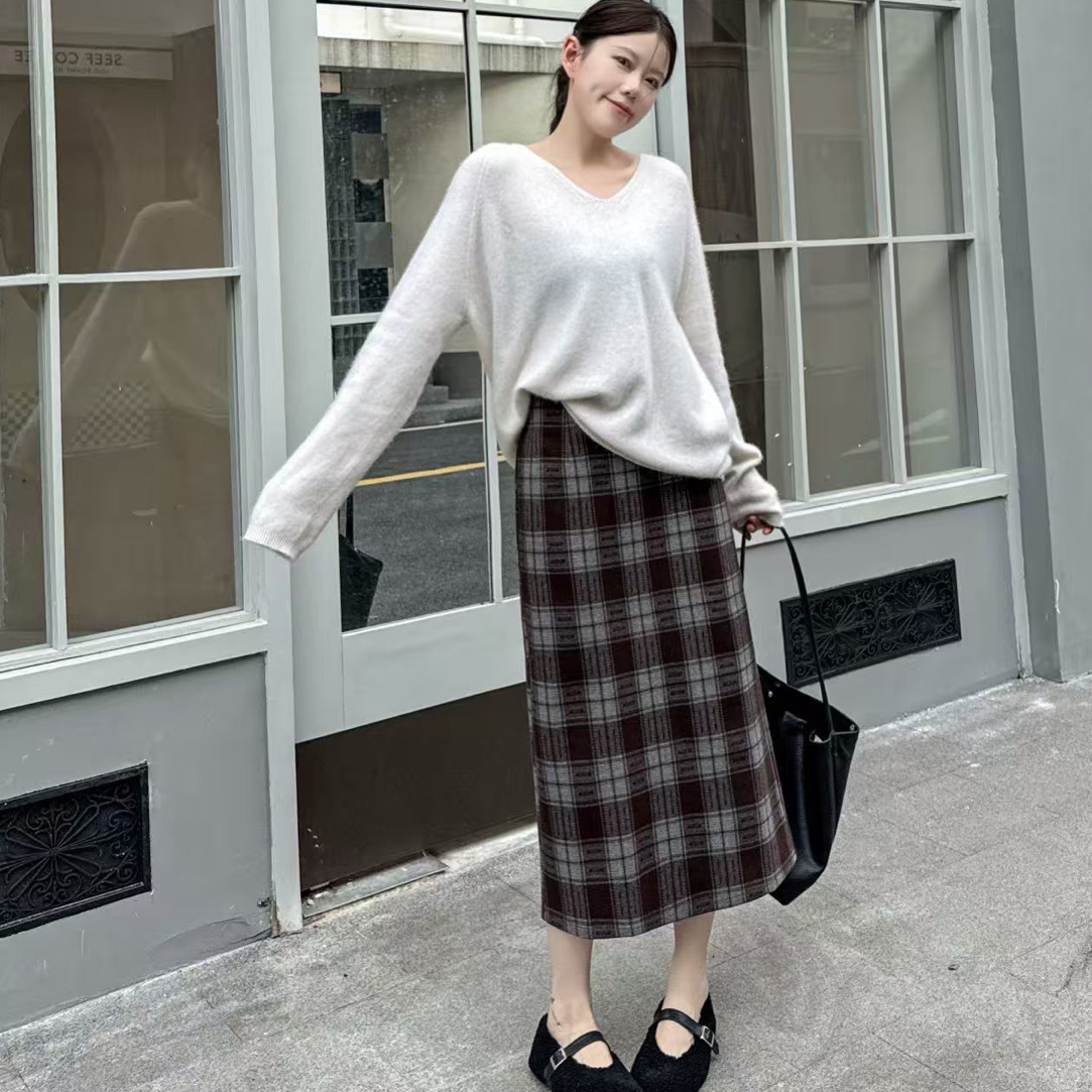 （裙长76）8877冬季加厚毛呢复古格纹开叉半身裙