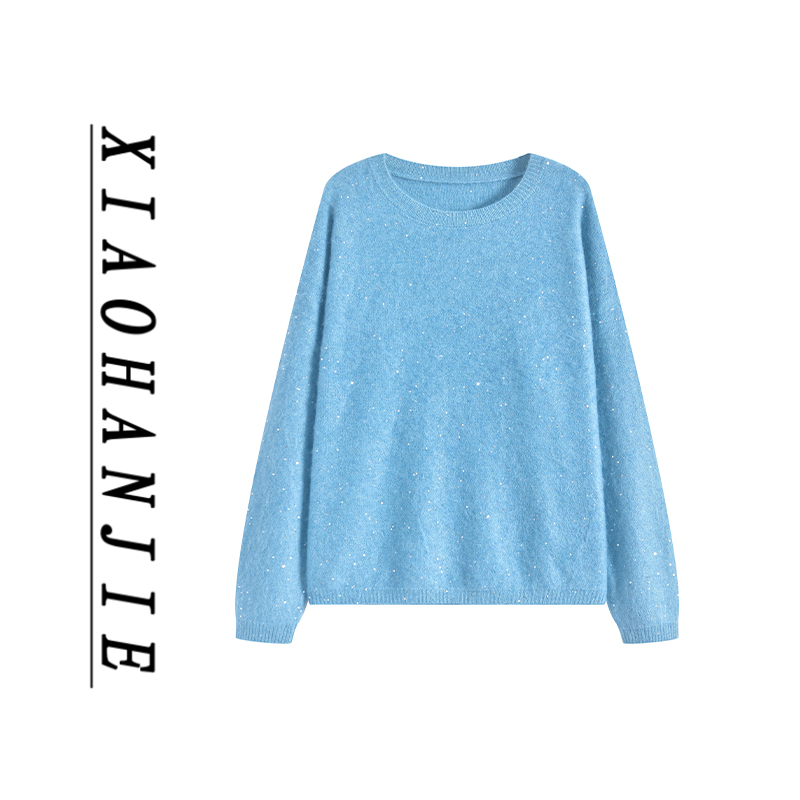 8289百搭衫宽松女长袖毛衣针织圆领拉毛羊绒衫