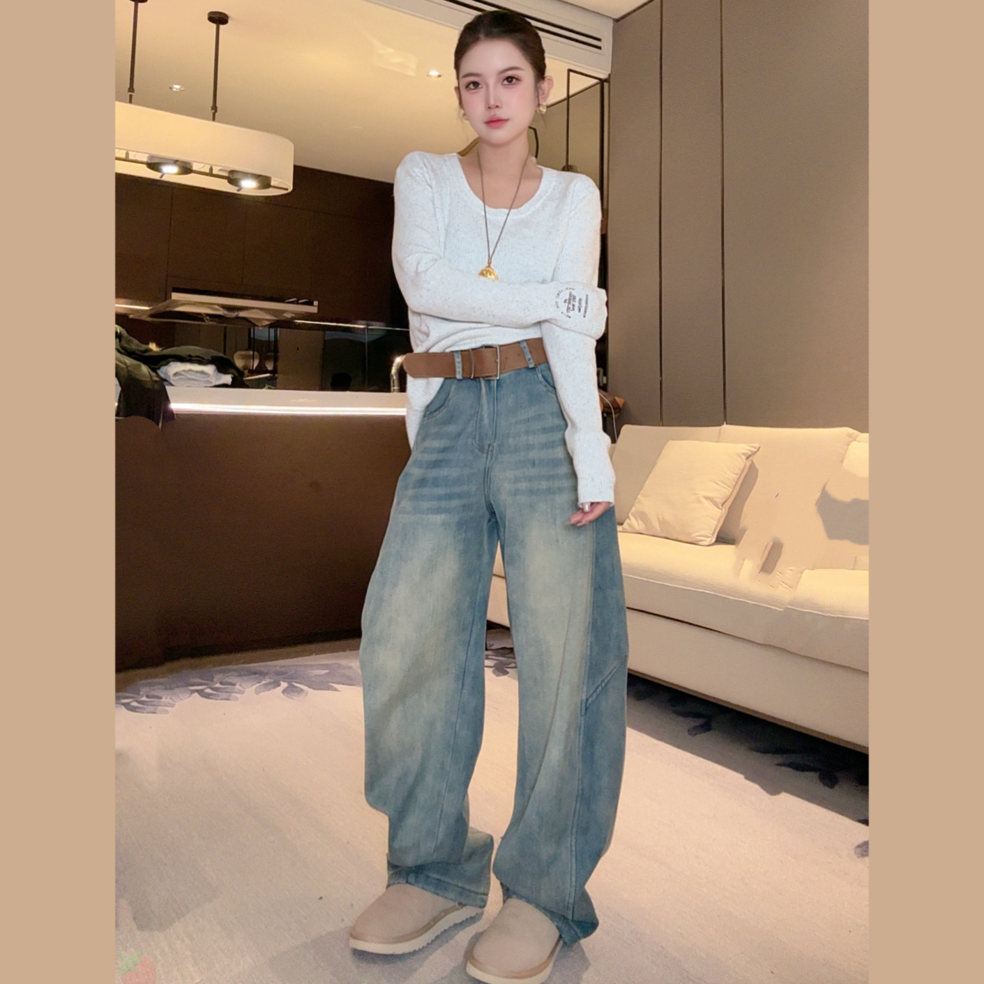 高品质订制款加绒显瘦阔腿牛仔裤