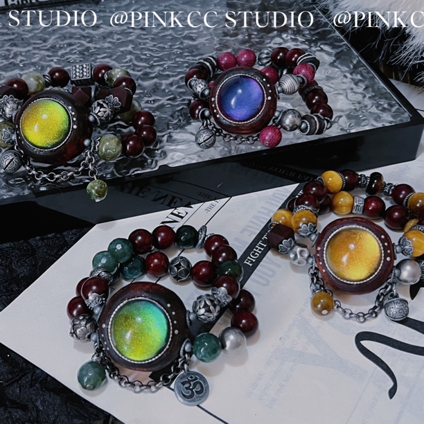 PINKCC「瞳」系列镭射木镶双圈小众文玩手串手链