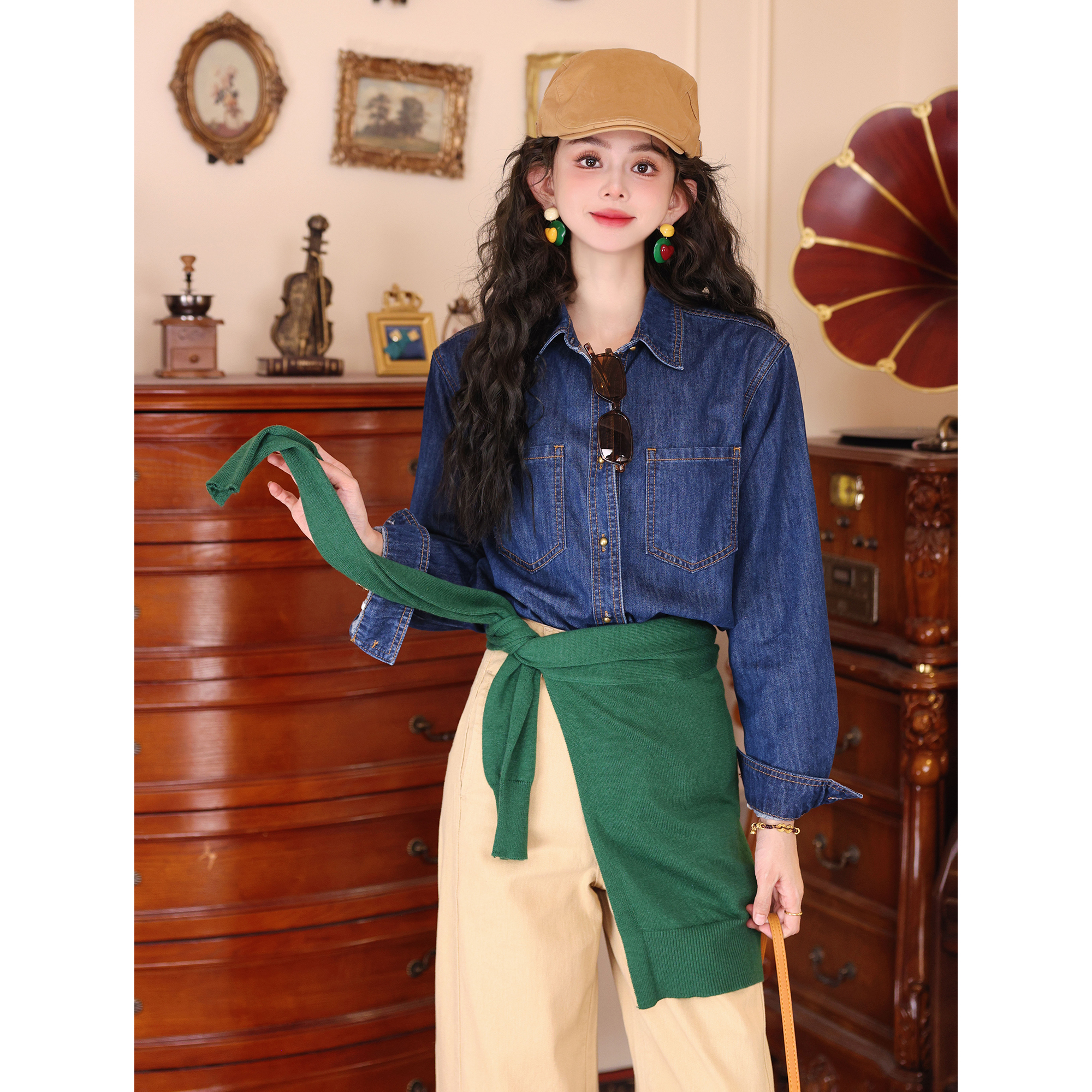 陈大器【海浪礁石】港风复古休闲牛仔衬衫女宽松显瘦上衣J255200