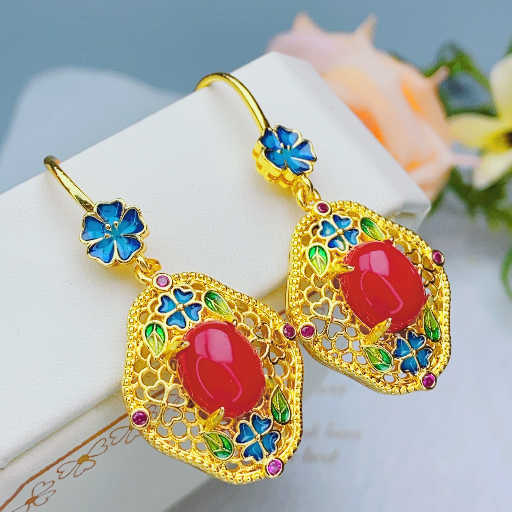 正品玛瑙红玉髓蛋面耳饰精致珐琅彩工艺大气女款耳坠送长辈F821