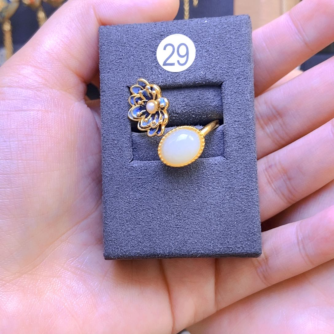 和田玉戒指银S925镀金镶嵌