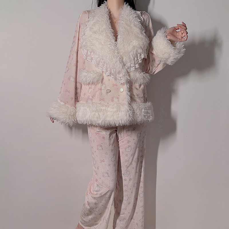 长袖性感开襟毛领外袍系带收腰吊带上衣长裤丝绒印花家居服保暖