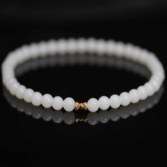 新疆和田玉10mm圆珠妈妈链 莲花扣18K金