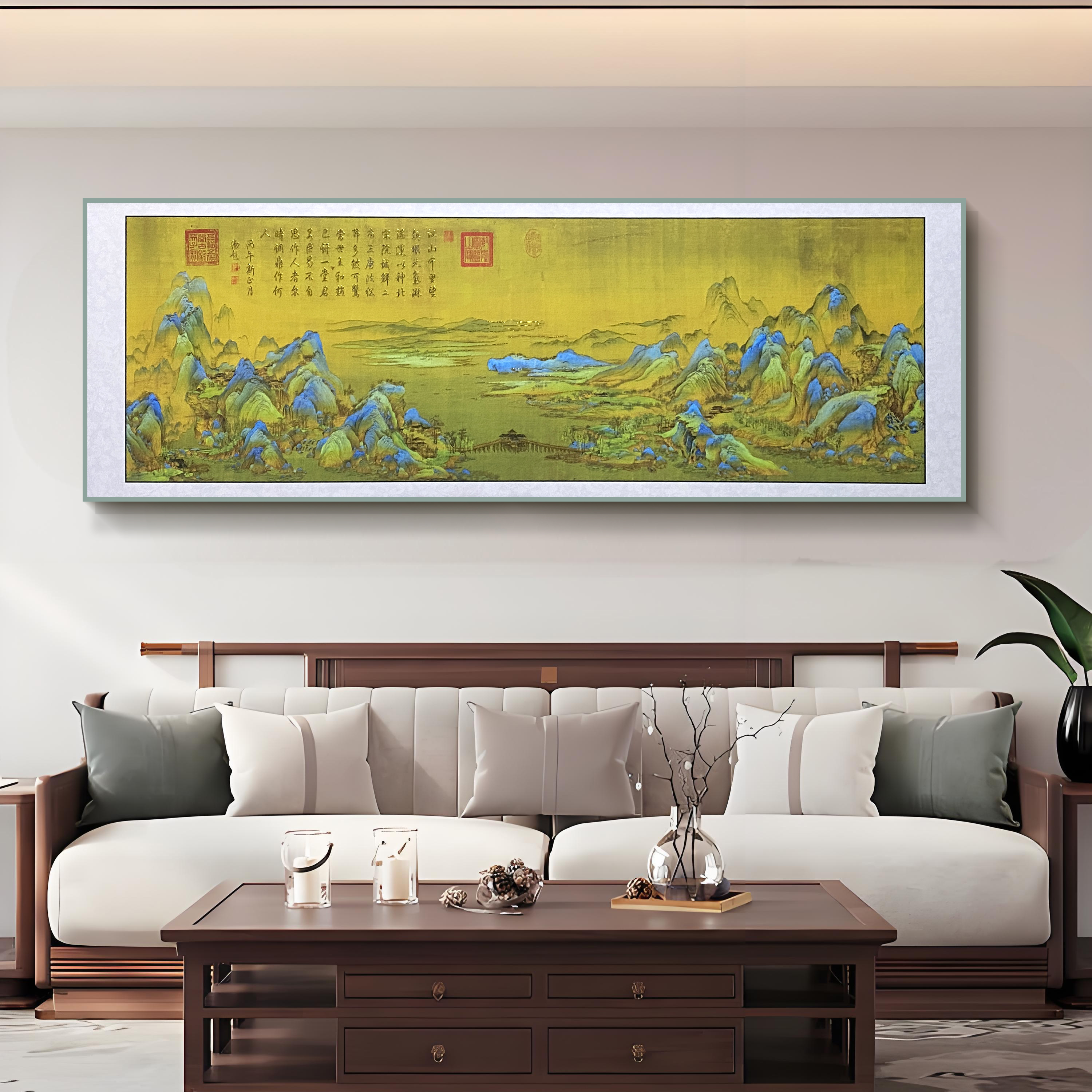 千里江山图客厅浮雕烫金挂画沙发背景墙装饰画办公室山水画70200