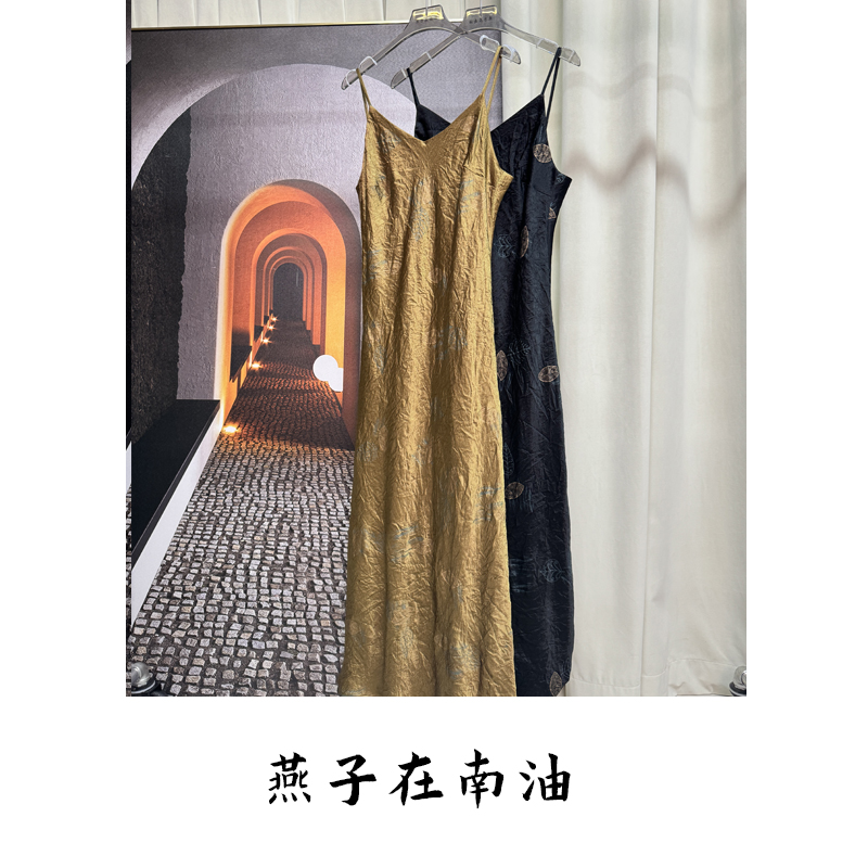 【燕子在南油】夏季中国风新款显瘦印花醋酸吊带裙1459