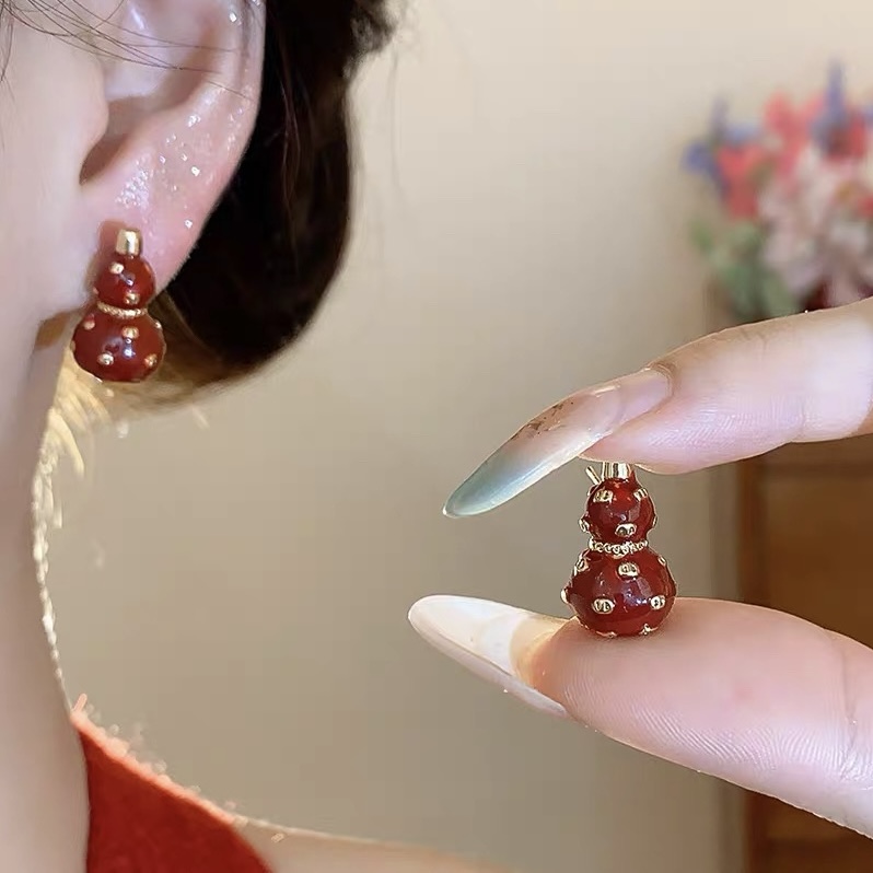 铜合金耳饰 复古红色葫芦耳钉925银针秋冬爆款节日氛围感福禄耳饰