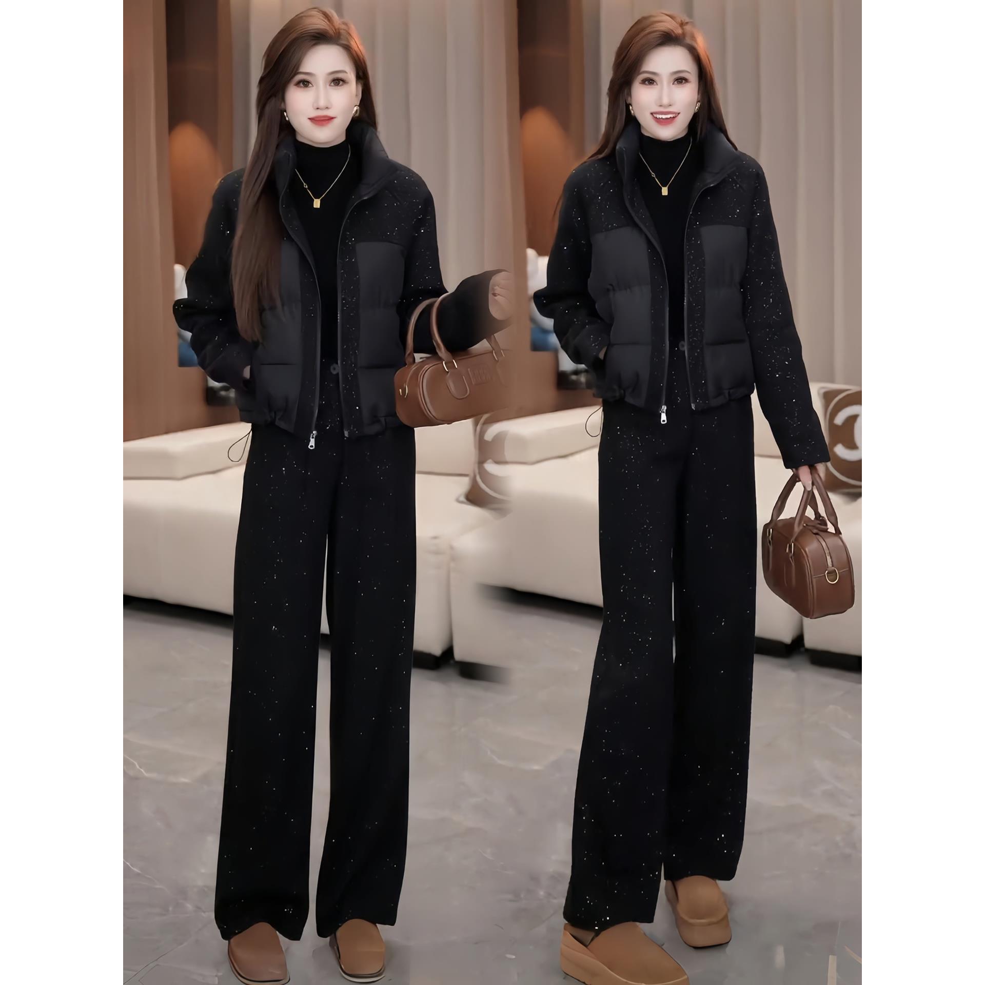 高级感时尚亮片套装女冬季新款毛呢拼接服外套高腰直筒裤两件套