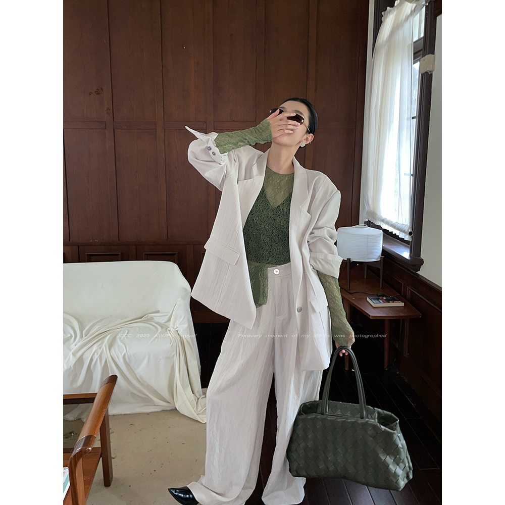 JCCC影子【橄榄灰釉】杏灰色时尚通勤一粒扣西装长裤套装JE4FSE27