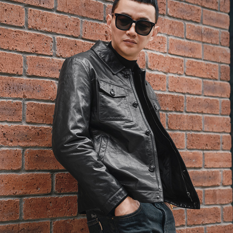 2509#金光头层100%小牛皮夹克男真皮休闲商务 脱卸内胆秋冬外套潮