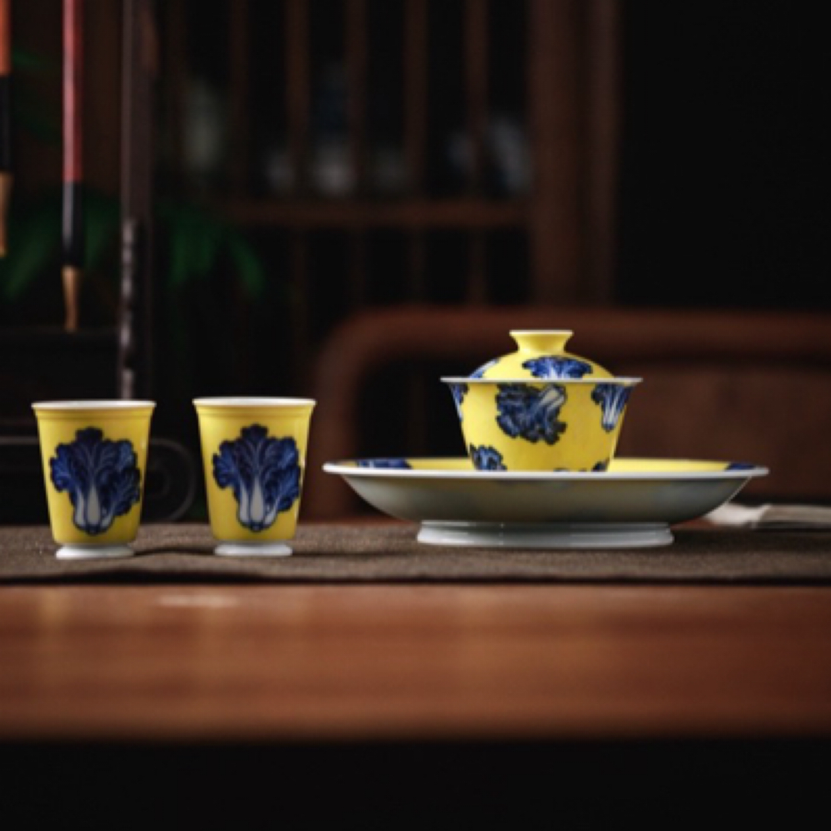 水造黄釉白菜盖碗壶承单杯