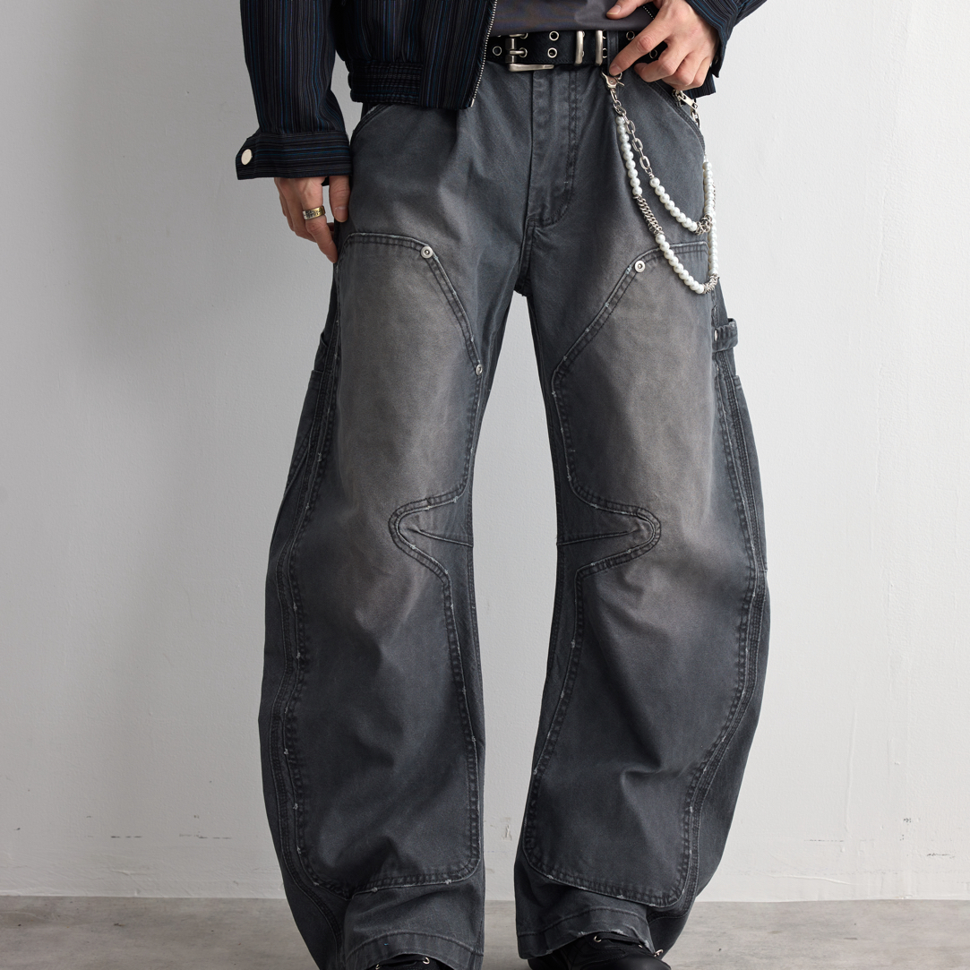 美式重磅异形复古做旧水洗伐木工装裤男女潮牌阔腿弯刀牛仔裤