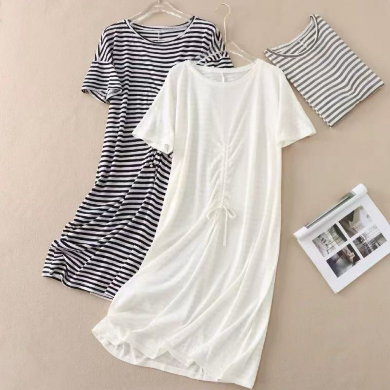 CQ013洋气抽绳褶皱显瘦经典条纹夏季垂感短袖薄款针织连衣裙宽松