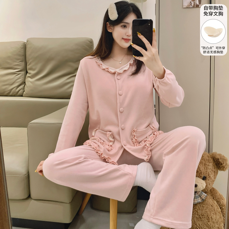 高级感羊绒睡衣女款秋冬款2025新款简约带胸垫保暖长袖套装家居服