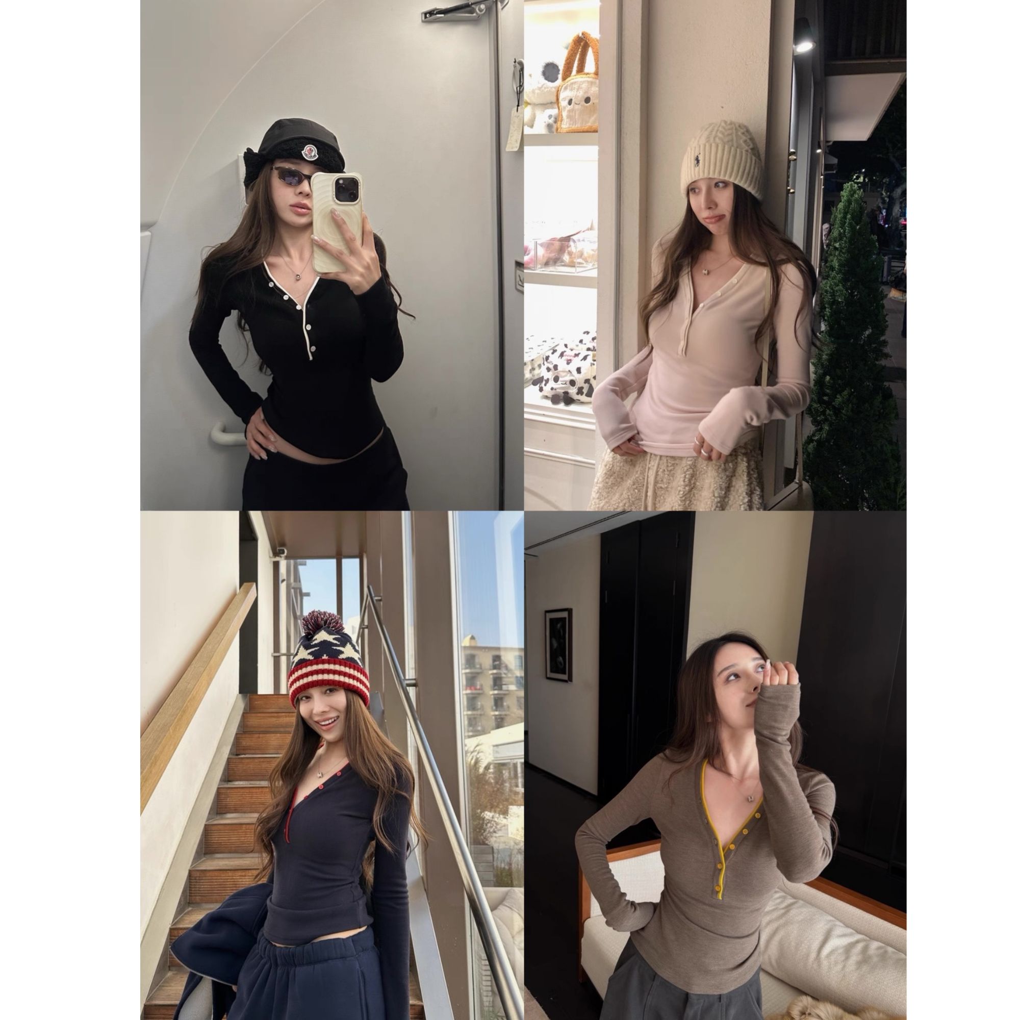 石榴Beauty【万能搭！】加绒V领收腰长袖撞色T恤女秋冬新款修身上衣