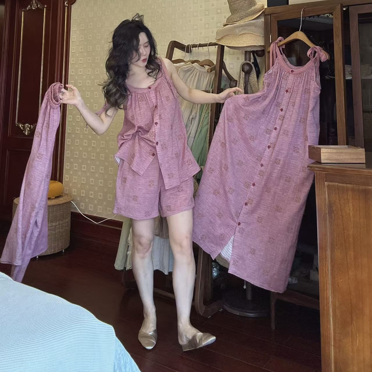 春夏纯棉纱布刺绣粉色睡衣女吊带短裤透气宽松睡裙薄款套装家居服
